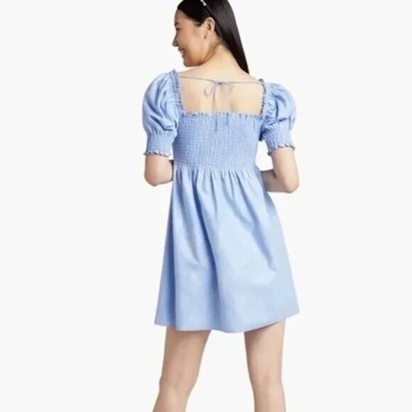 Hill House NWT Athena Nap Dress Light Blue Glitter Check Smocked Mini Babydoll - Picture 2 of 13